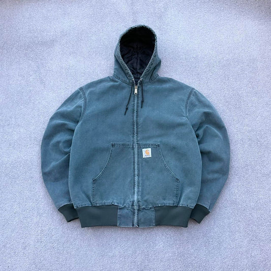 RARE vintage 90s Carhartt Active JQ243 'Hunter Green' faded teal boxy fit workwear jacket - (L)