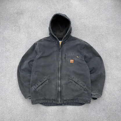 Y2K Carhartt Sierra J141 BLK faded black sherpa lined heavyweight hooded workwear jacket - (L)