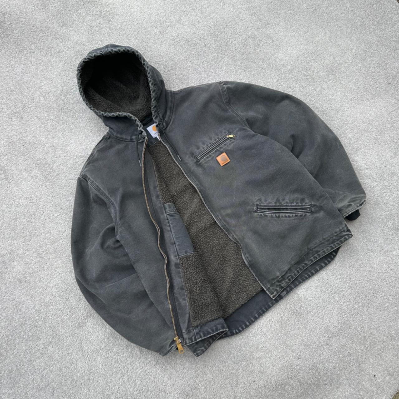 Y2K Carhartt Sierra J141 BLK faded black sherpa lined heavyweight hooded workwear jacket - (L)