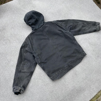 Y2K Carhartt Sierra J141 BLK faded black sherpa lined heavyweight hooded workwear jacket - (L)