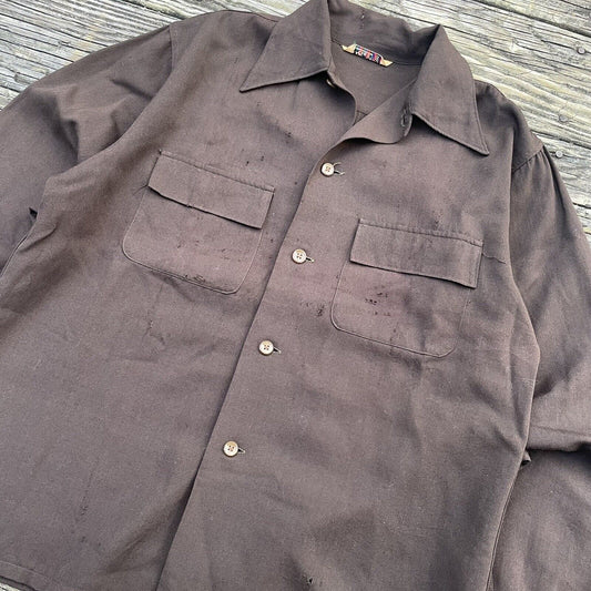 Vintage 1940s Distressed Gabardine Wool Button-Up Shirt - Brown (M) - Bee Gee Sports